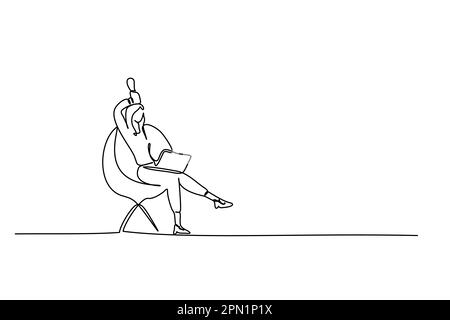 Businessman sitting on chair and working on laptop. Continuous line drawing. Stock Vector
