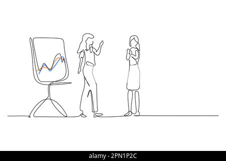 continuous line drawing of a businesswoman and a businessman discussing charts. Stock Vector