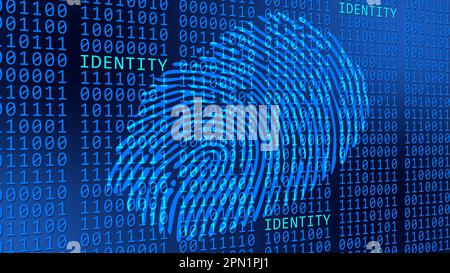 IDENTITY Fingerprint on binary code background - scanning identification system by biometric authorization - cyber or business security concept Stock Photo