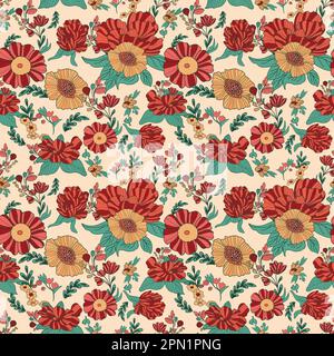 Summer Red and Yellow Floral Seamless Pattern Stock Vector