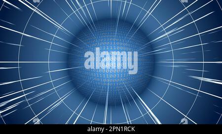 Bright sphere of binary code in blue color - abstract illustration with stylized space rays and rings - science and technology concept Stock Photo