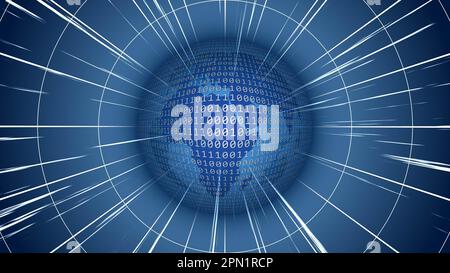 Bright sphere of binary code over world map in blue color - abstract illustration with stylized space rays and rings - science and technology concept Stock Photo