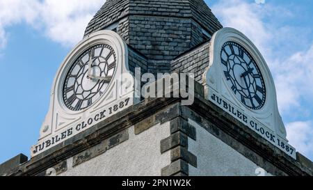 Jubilee Clock Tower is an ornate clock on the High Street in South Queensferry, Scotland, UK Stock Photo