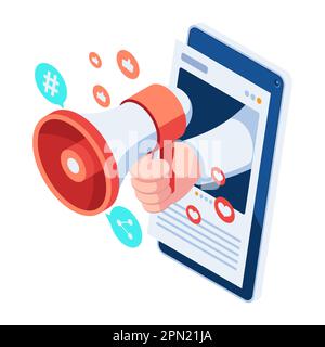 Flat 3d Isometric Hand with Megaphone Out From Social Media Window. Social Media Marketing Concept. Stock Vector