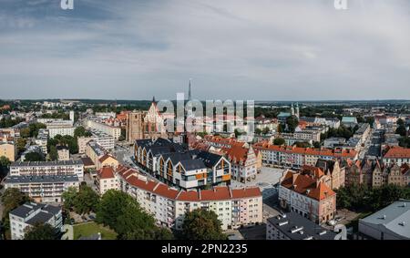 Nysa, aerial panoramic view of Nysa downtown, the main square, Town hall tower and Basilica of St. James and St. Agnes. Drone view of the oldest towns Stock Photo