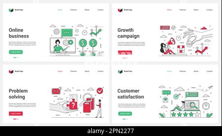Marketing campaign for online business and brand growth, problem solving and customer satisfaction set vector illustration. Cartoon tiny people with megaphone and magnifying glass work on task Stock Vector