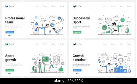 Growth of achievements of athletes and success of sports team set vector illustration. Cartoon tiny people doing exercises with dumbbells and ball, training with health results monitoring by doctor Stock Vector