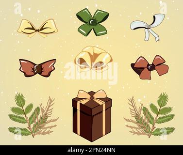 set of gift boxes, Colorful present collection for birthday or Christmas. Boxes with ribbon and bow. Winter flowers Stock Vector