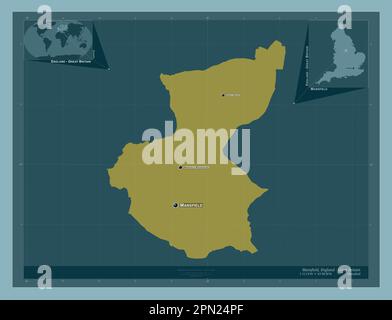 Mansfield, non metropolitan district of England - Great Britain. Solid color shape. Locations and names of major cities of the region. Corner auxiliar Stock Photo