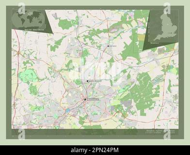 Mansfield, non metropolitan district of England - Great Britain. Open Street Map. Locations and names of major cities of the region. Corner auxiliary Stock Photo