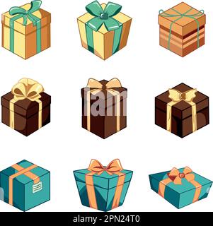 set of gift boxes, Colorful present collection for birthday or Christmas. Boxes with ribbon and bow. Winter flowers Stock Vector