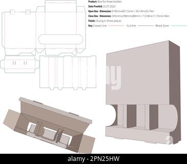 Box for three bottles packaging design template gluing in three places die cut - vector Stock Vector