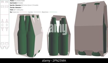 Four bottle holder top handles packaging design template selflock die cut - vector Stock Vector