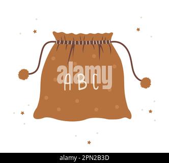 Boho bag for baby wooden alphabet cubes. Hand drawn scandinavian element for newborn isolated on white background. Vector illustration in flat cartoon Stock Vector