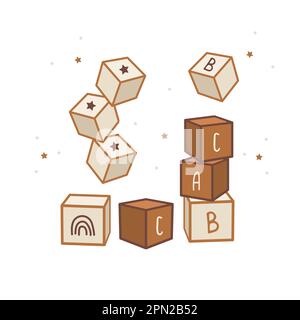 Boho baby wooden alphabet cubes. Hand drawn scandinavian element for newborn isolated on white background. Vector illustration in flat cartoon style Stock Vector
