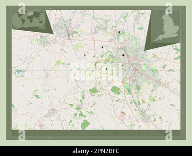 Newcastle-under-Lyme, non metropolitan district of England - Great Britain. Open Street Map. Locations of major cities of the region. Corner auxiliary Stock Photo