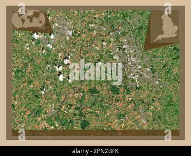 Newcastle-under-Lyme, non metropolitan district of England - Great Britain. Low resolution satellite map. Corner auxiliary location maps Stock Photo