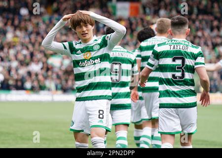 Celtic’s Kyogo Furuhashi celebrates after scoring their sides first goal during the cinch Premiership match at The BBSP Stadium Rugby Park, Kilmarnock. Picture date: Sunday April 16, 2023. Stock Photo