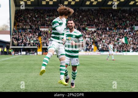 Celtic’s Kyogo Furuhashi celebrates after scoring their sides first goal during the cinch Premiership match at The BBSP Stadium Rugby Park, Kilmarnock. Picture date: Sunday April 16, 2023. Stock Photo