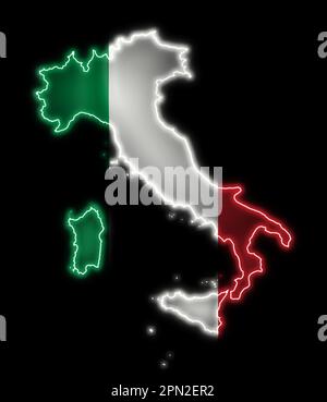 Map of Italy with glowing lights flag on a black background. Stock Photo