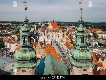 Nysa, aerial panoramic view of Nysa downtown, the main square, Town hall tower, Tkacka Street and Basilica of St. James and St. Agnes. Drone view of t Stock Photo