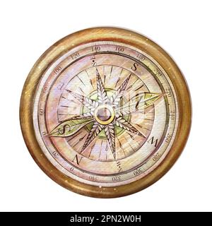 Watercolor gold and blue vintage pocket compass. Nautical elemen