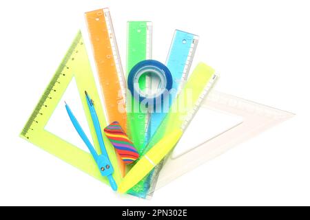 Colorful stationery supplies on white background Stock Photo