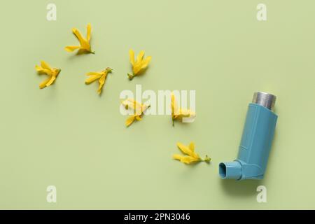 Asthma inhaler with flowers on green background Stock Photo - Alamy