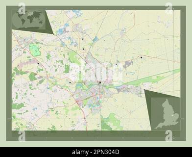 City of Peterborough, unitary authority of England - Great Britain. Open Street Map. Locations of major cities of the region. Corner auxiliary locatio Stock Photo