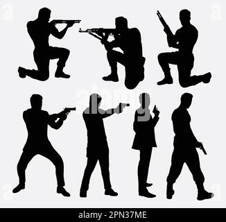 Gangster with gun, male and female pose silhouettes. Good use for symbol, game elements, logo, web icon, mascot, sticker, sign, or any design you want Stock Vector