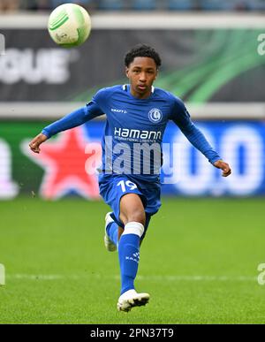 Malick Fofana of Gent pictured during a soccer game between AA Gent and West Ham United during the first leeg of the quarter final in the Uefa Conference League for the 2022-2023 season ,  on  Sunday 13 April 2023  in Gent , Belgium . PHOTO SPORTPIX | Dirk Vuylsteke Stock Photo