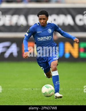 Malick Fofana of Gent pictured during a soccer game between AA Gent and West Ham United during the first leeg of the quarter final in the Uefa Conference League for the 2022-2023 season ,  on  Sunday 13 April 2023  in Gent , Belgium . PHOTO SPORTPIX | Dirk Vuylsteke Stock Photo