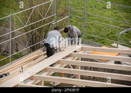 Two young carpenters building a carport. Apprentice learns from trainer. Stock Photo