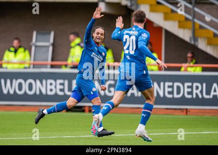 VOLENDAM, NETHERLANDS - APRIL 16: Xavi Simons of PSV, Guus Til of PSV celebrate the second goal during the Dutch Eredivisie match between FC Volendam and PSV at Kras Stadion on April 16, 2023 in Volendam, Netherlands (Photo by Patrick Goosen/Orange Pictures) Stock Photo