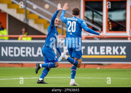 VOLENDAM, NETHERLANDS - APRIL 16: Xavi Simons of PSV, Guus Til of PSV celebrate the second goal during the Dutch Eredivisie match between FC Volendam and PSV at Kras Stadion on April 16, 2023 in Volendam, Netherlands (Photo by Patrick Goosen/Orange Pictures) Stock Photo