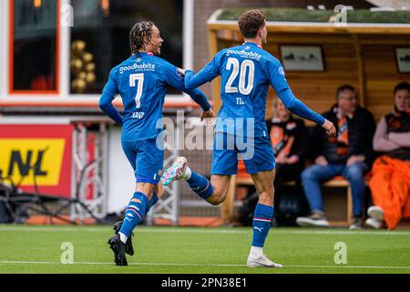 VOLENDAM, NETHERLANDS - APRIL 16: Xavi Simons of PSV, Guus Til of PSV celebrate the second goal during the Dutch Eredivisie match between FC Volendam and PSV at Kras Stadion on April 16, 2023 in Volendam, Netherlands (Photo by Patrick Goosen/Orange Pictures) Stock Photo