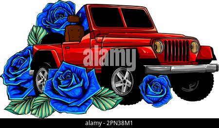 Vintage car with flowers. Vector illustration on white background Stock Vector