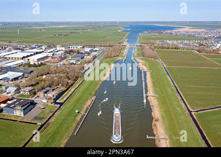 Aerial from freighter and sailing boats at the Prinses Margriet lock near Lemmer in Friesland the Netherlands Stock Photo