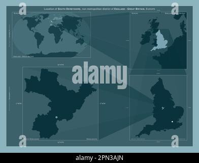 South Derbyshire, non metropolitan district of England - Great Britain. Diagram showing the location of the region on larger-scale maps. Composition o Stock Photo