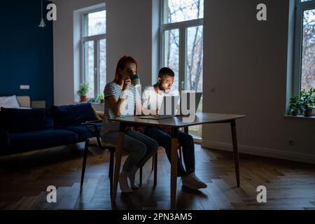 Young modern freelancing couple sitting at table in living room working from home together Stock Photo