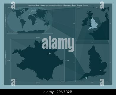 South Hams, non metropolitan district of England - Great Britain. Diagram showing the location of the region on larger-scale maps. Composition of vect Stock Photo