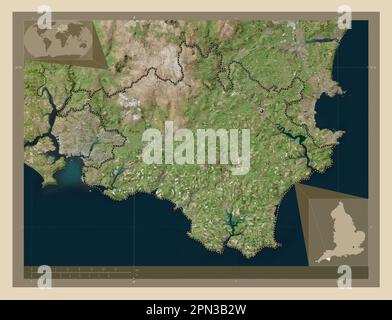 South Hams, non metropolitan district of England - Great Britain. High resolution satellite map. Corner auxiliary location maps Stock Photo