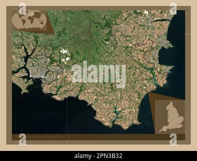 South Hams, non metropolitan district of England - Great Britain. Low resolution satellite map. Corner auxiliary location maps Stock Photo