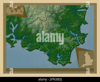 South Hams, non metropolitan district of England - Great Britain. Colored elevation map with lakes and rivers. Corner auxiliary location maps Stock Photo