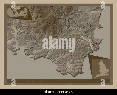 South Hams, non metropolitan district of England - Great Britain. Elevation map colored in sepia tones with lakes and rivers. Corner auxiliary locatio Stock Photo