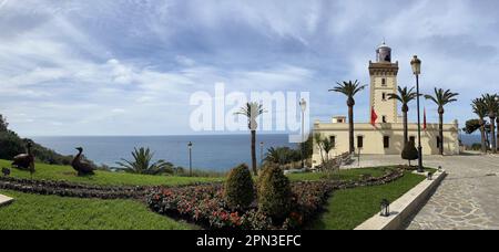 Morocco: Cape Spartel Lighthouse (1864) on the  promontory at the entrance to the Strait of Gibraltar, the northwesternmost point of African continent Stock Photo