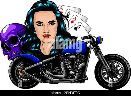 chopper skull biker with woman vector illustration on white background Stock Vector
