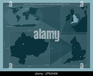 Stockport, metropolitan borough of England - Great Britain. Diagram showing the location of the region on larger-scale maps. Composition of vector fra Stock Photo