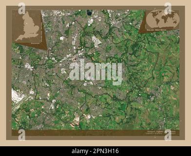 Stockport, metropolitan borough of England - Great Britain. Low resolution satellite map. Locations and names of major cities of the region. Corner au Stock Photo