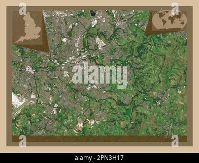 Stockport, metropolitan borough of England - Great Britain. Low resolution satellite map. Locations of major cities of the region. Corner auxiliary lo Stock Photo